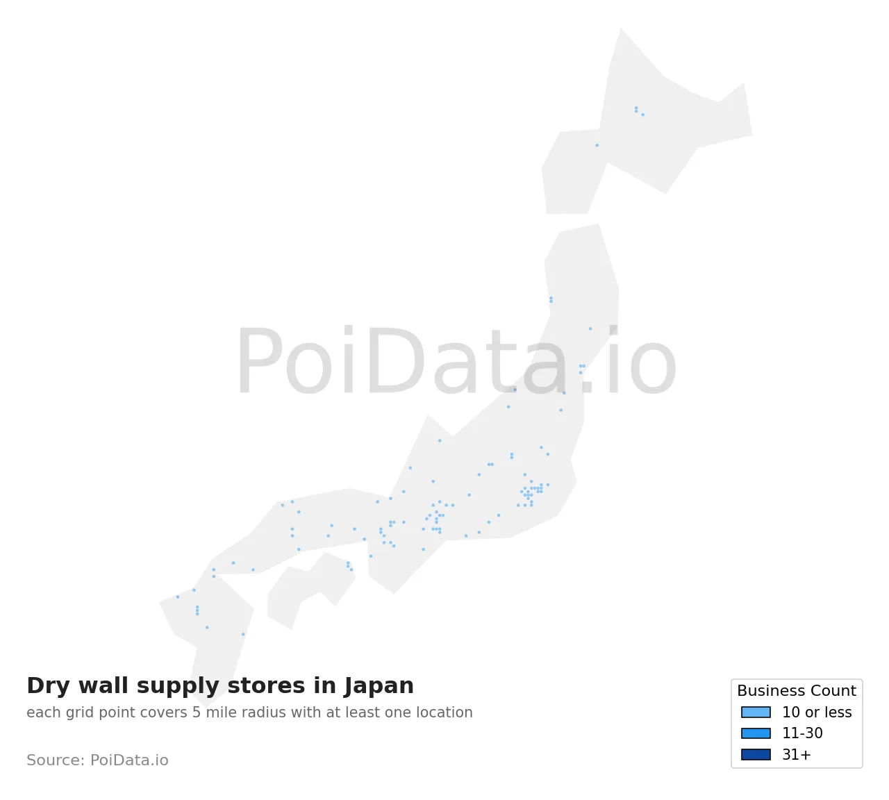 Dry wall supply store density map for Japan