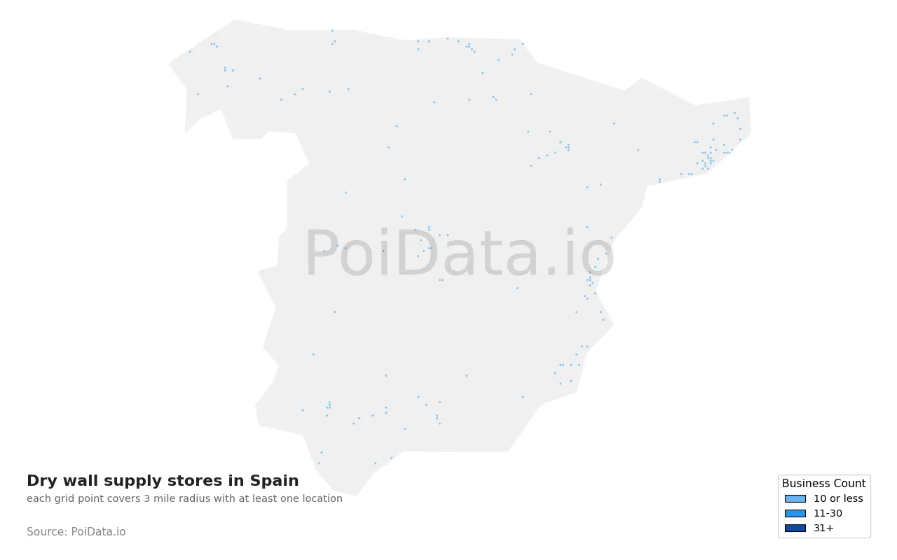 Dry wall supply store density map for Spain