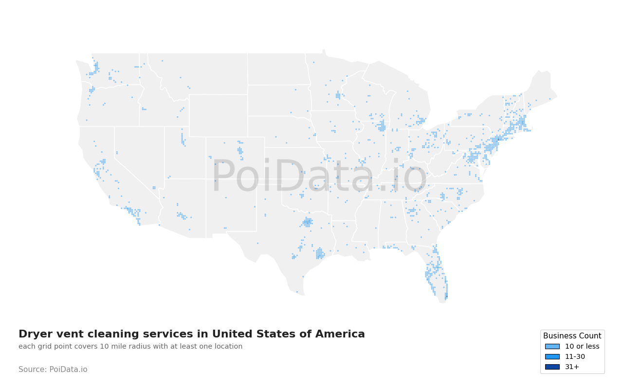 Dryer vent cleaning service density map for United States