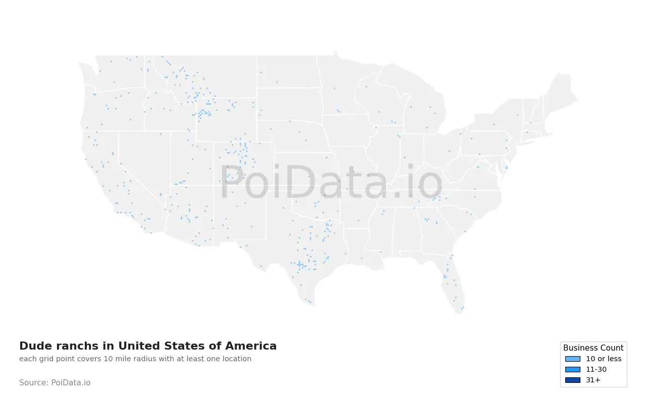 Dude ranch density map for United States