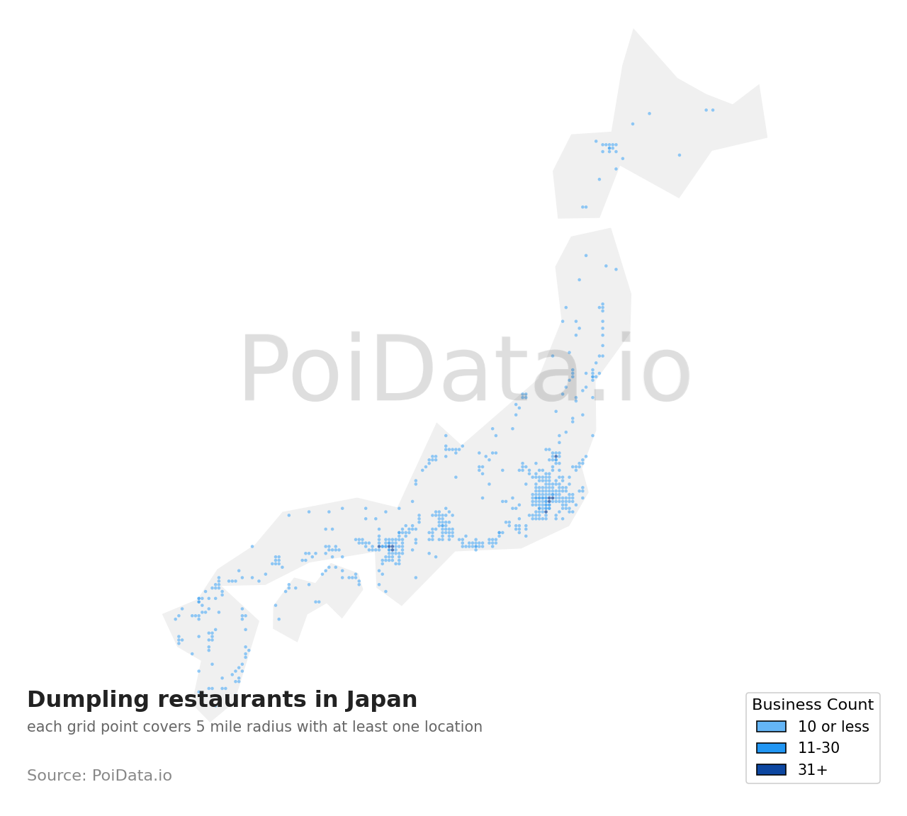 Dumpling restaurant density map for Shizuoka, Japan