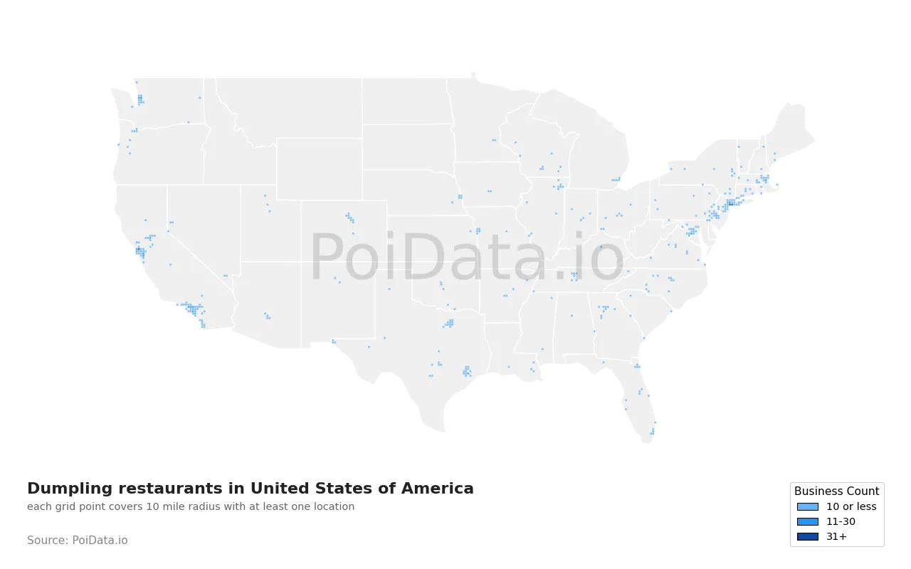Dumpling restaurant density map for United States