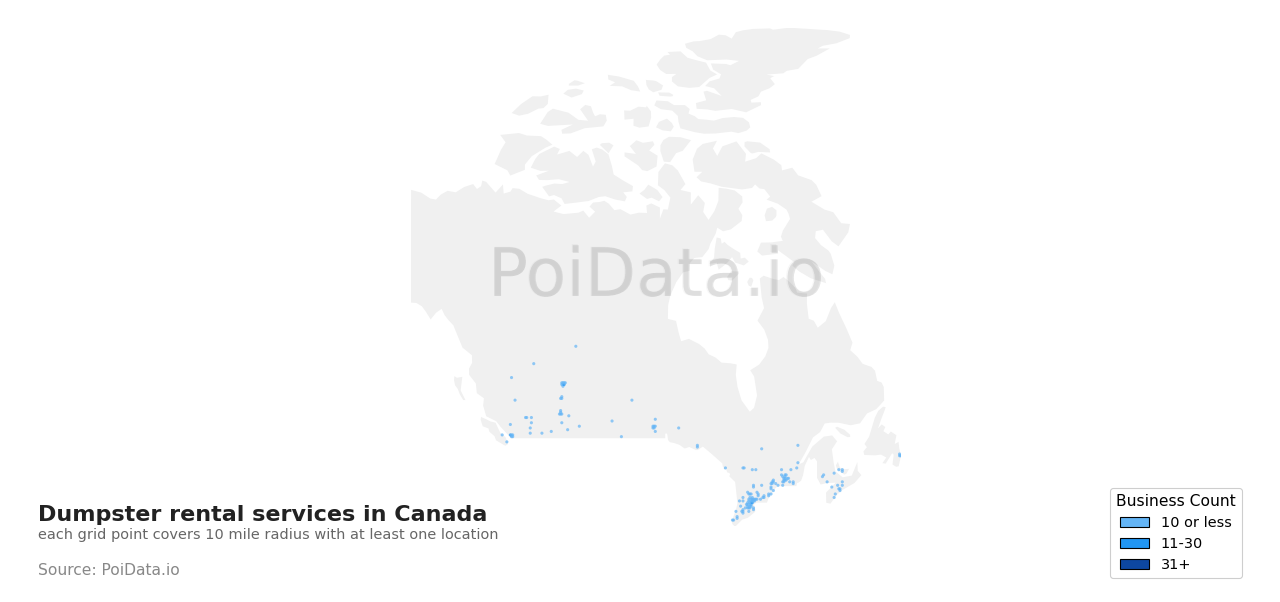 Dumpster rental service density map for Canada