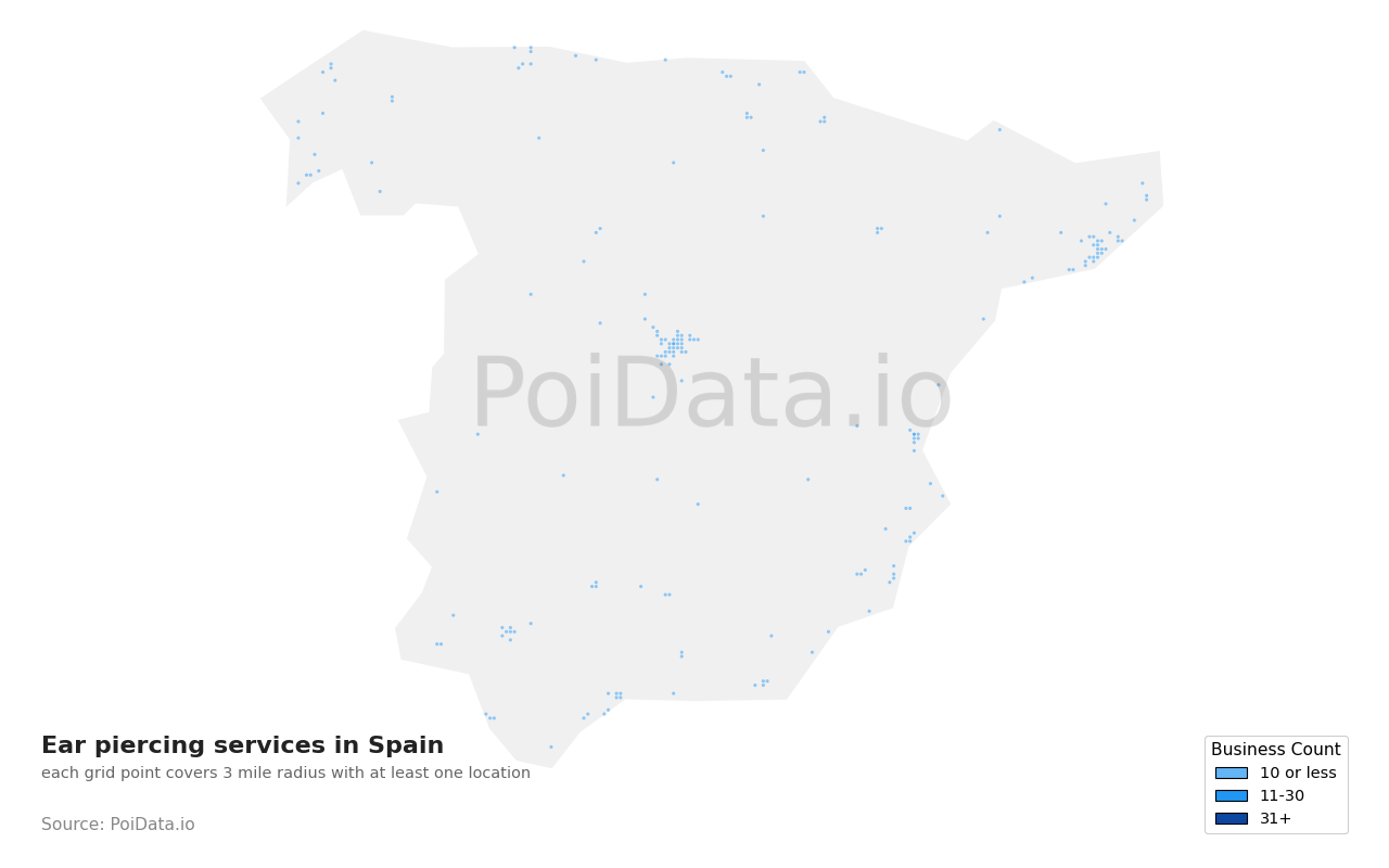 Ear piercing service density map for Spain