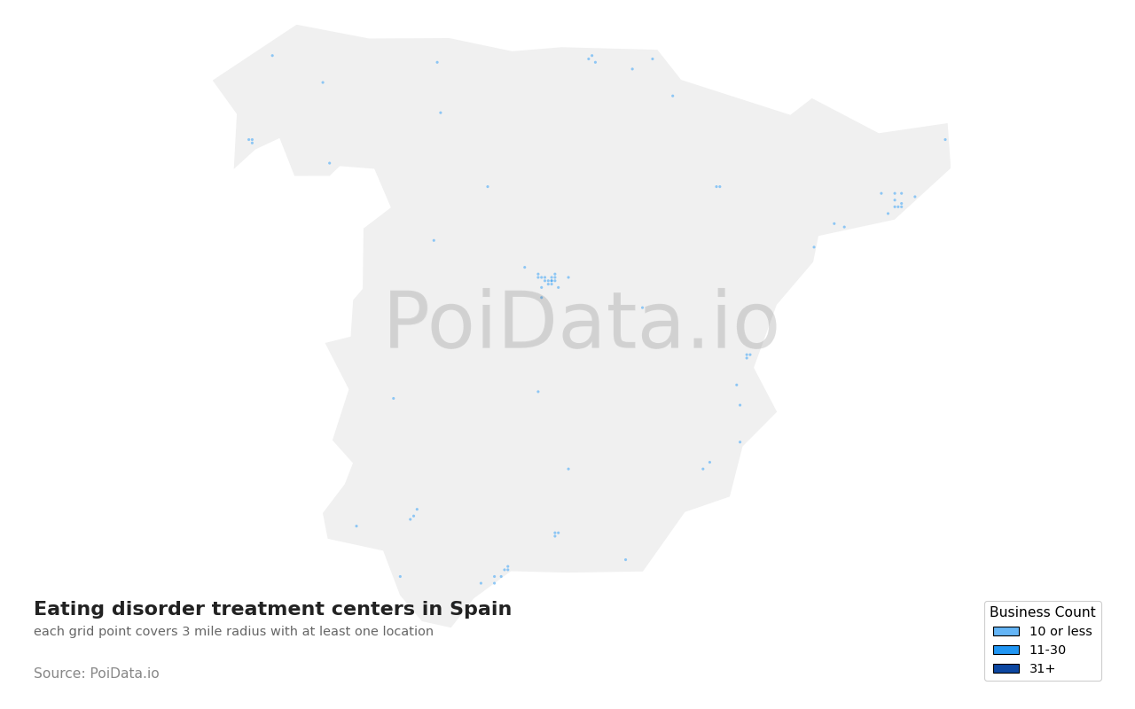 Eating disorder treatment center density map for Spain