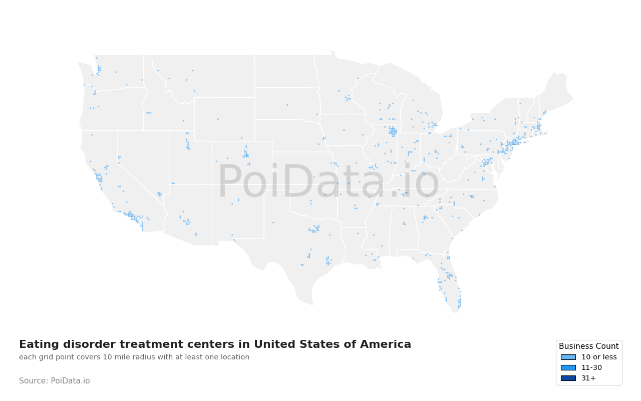 Eating disorder treatment center density map for Maryland, United States
