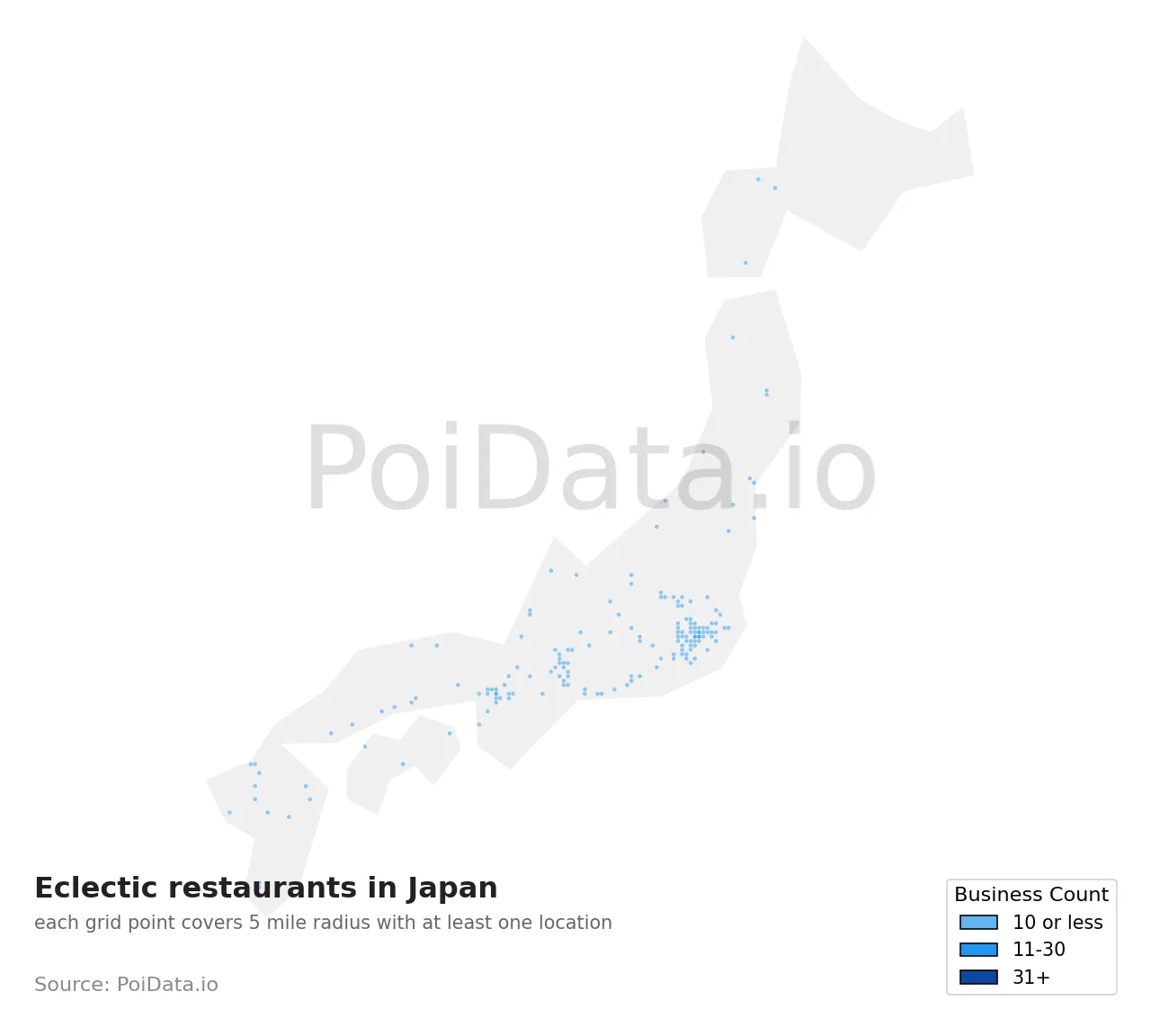 Eclectic restaurant density map for Japan