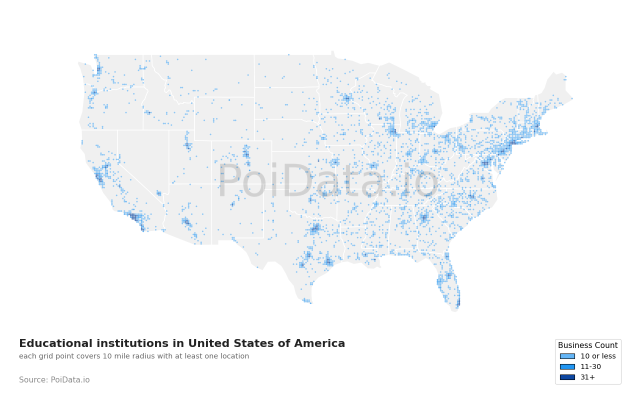 Educational institution density map for Texas, United States