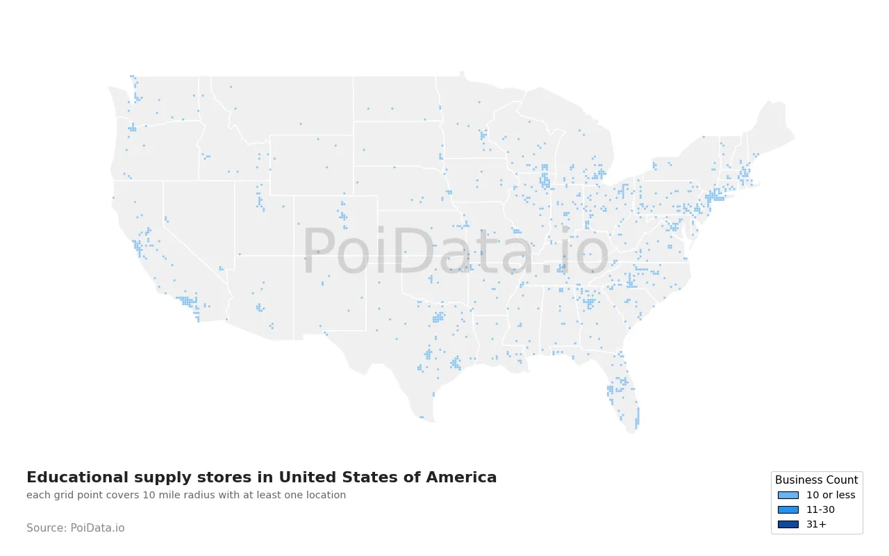 Educational supply store density map for United States
