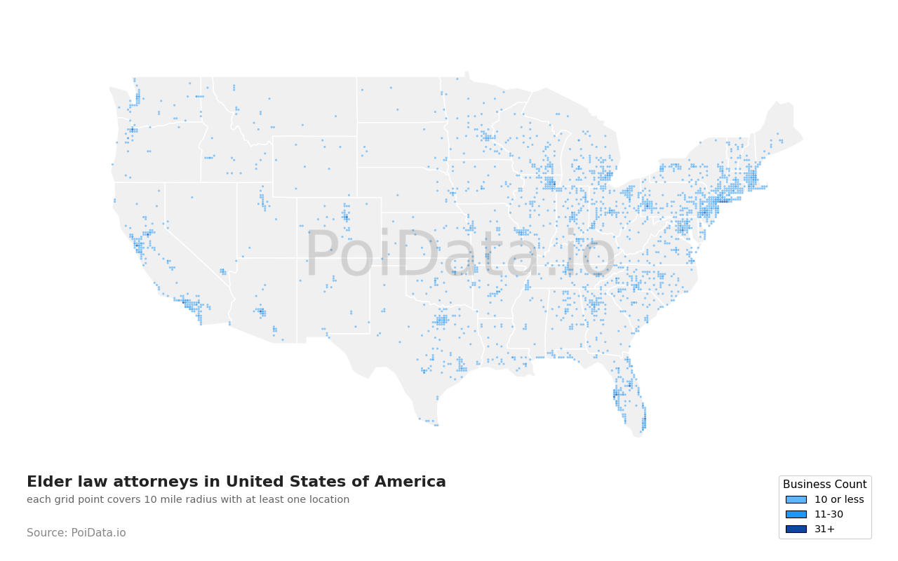 Elder law attorney density map for United States