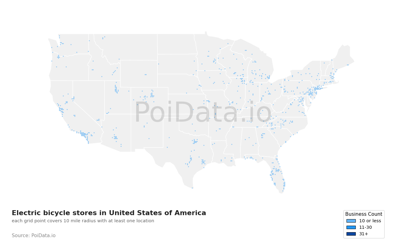 Electric bicycle store density map for Wisconsin, United States
