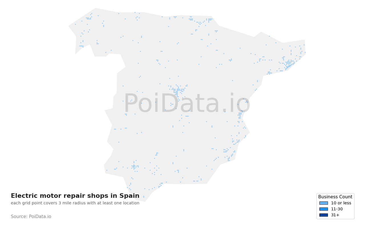 Electric motor repair shop density map for Spain