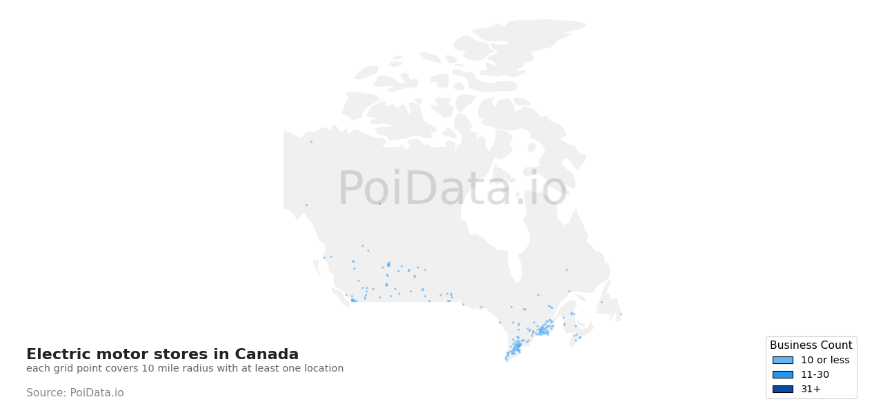 Electric motor store density map for Manitoba, Canada
