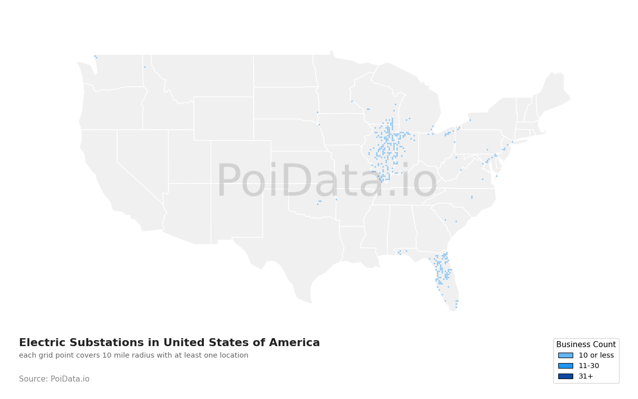 Electric Substation density map for United States