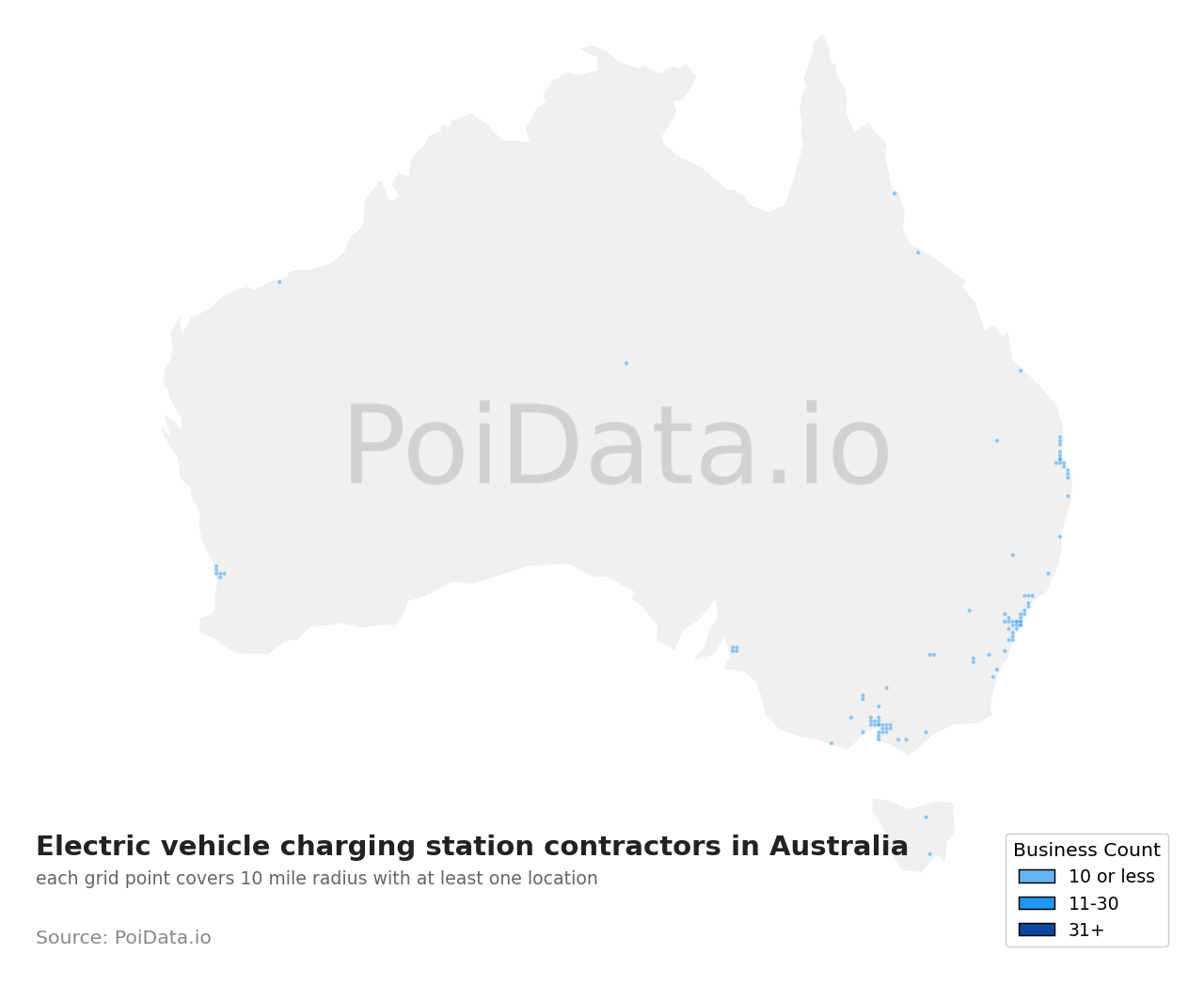 Electric vehicle charging station contractor density map for Australia