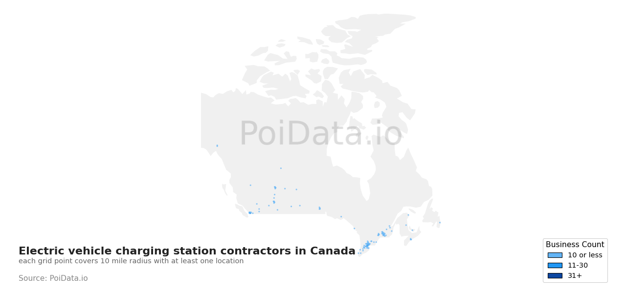 Electric vehicle charging station contractor density map for British Columbia, Canada