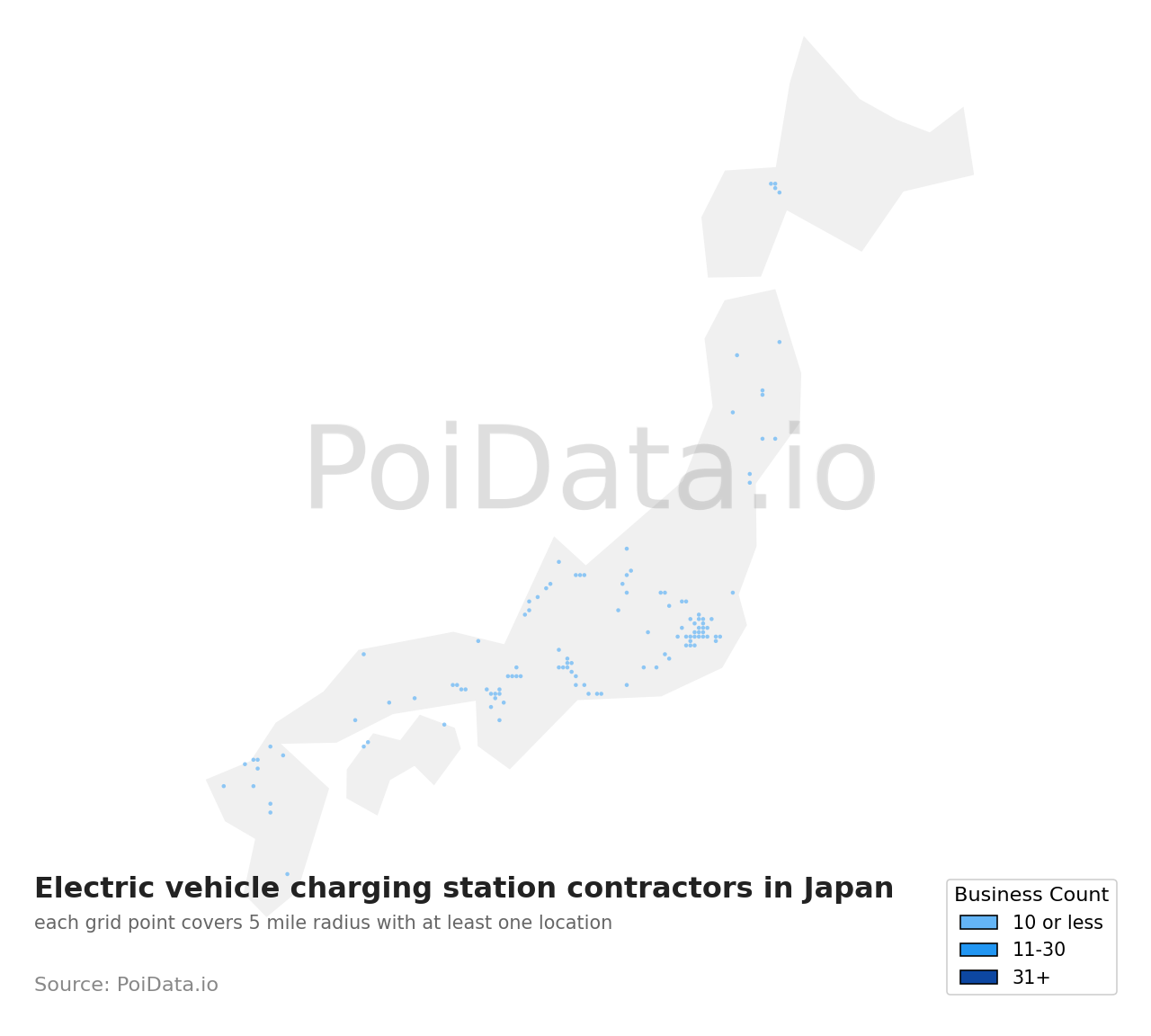 Electric vehicle charging station contractor density map for Japan