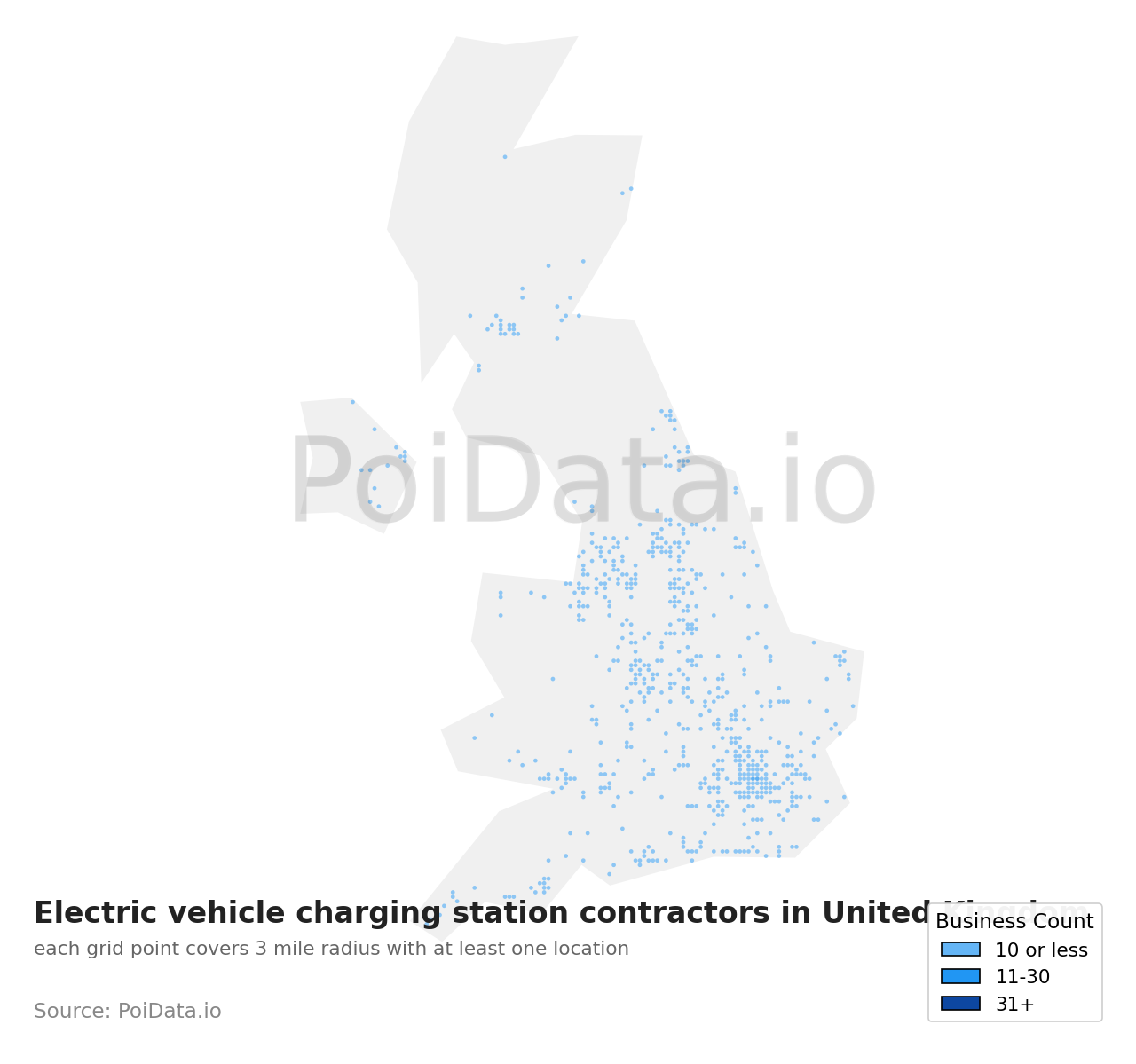 Electric vehicle charging station contractor density map for United Kingdom