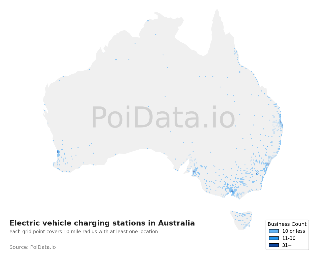 Electric vehicle charging station density map for Australia