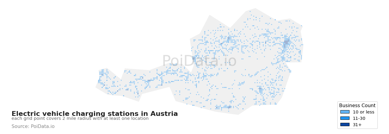 Electric vehicle charging station density map for Austria