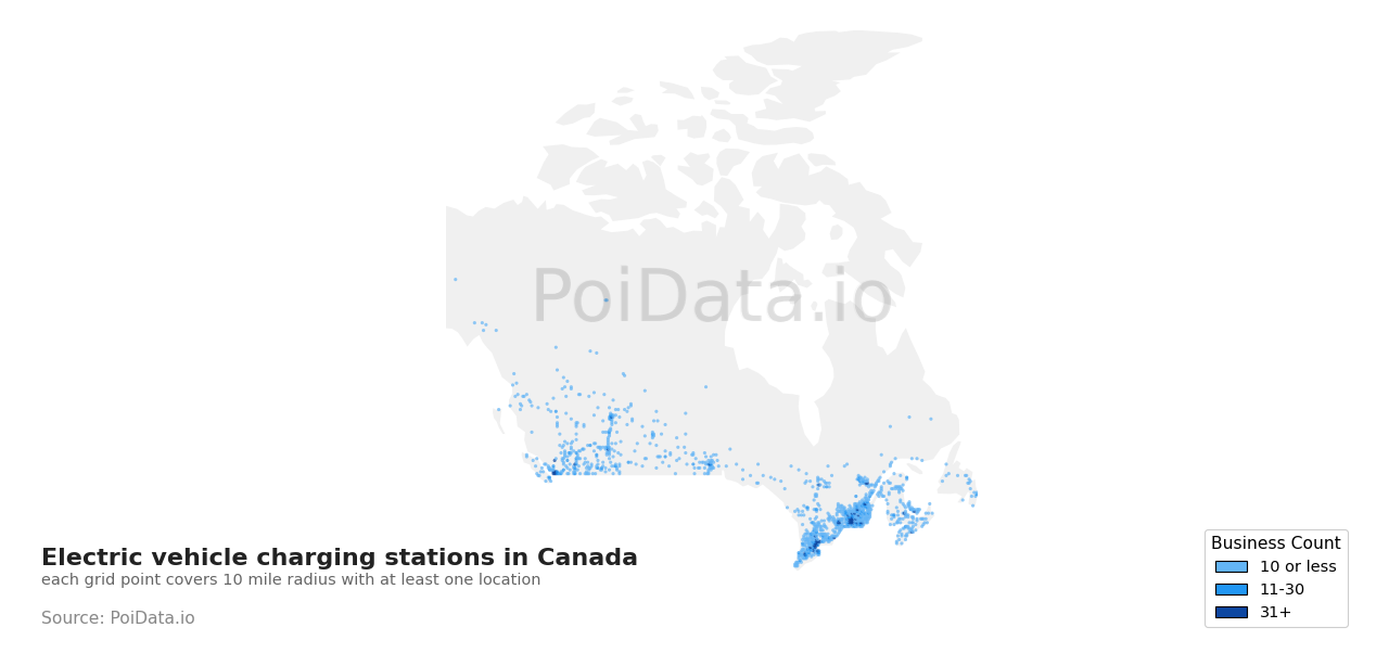 Electric vehicle charging station density map for Canada
