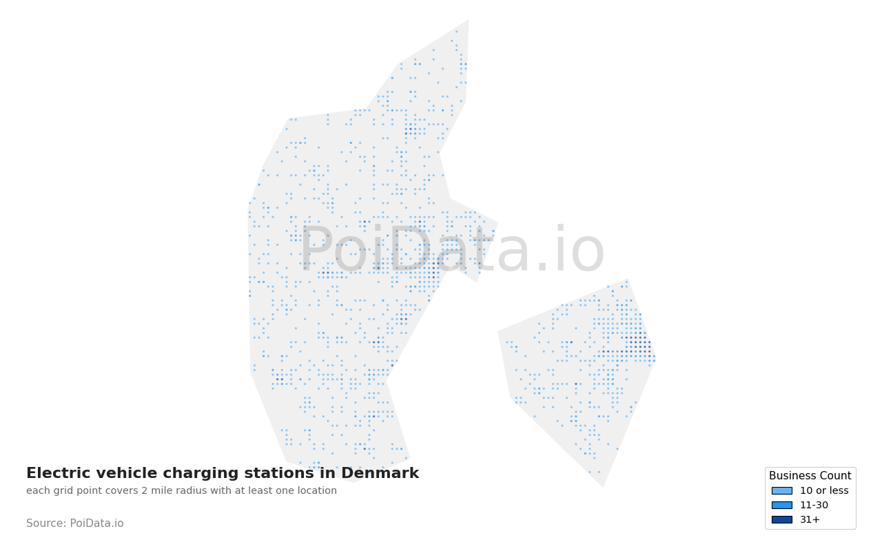 Electric vehicle charging station density map for Denmark