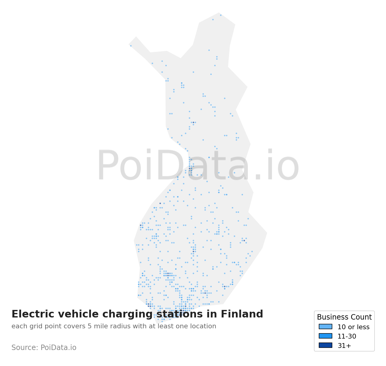 Electric vehicle charging station density map for Finland