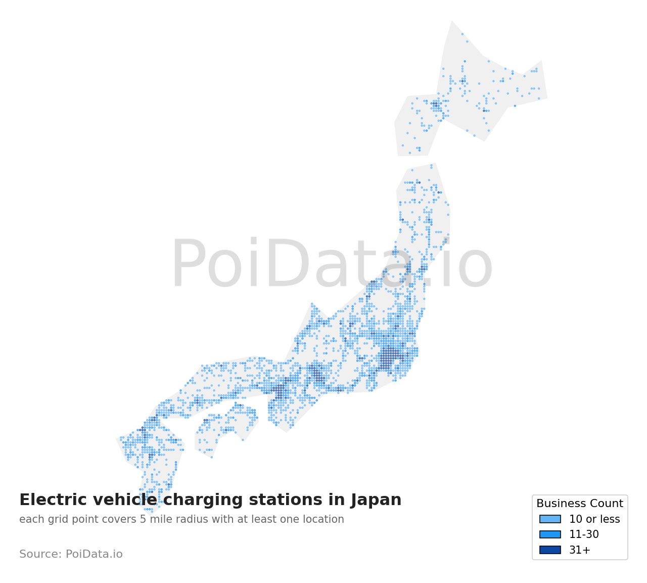 Electric vehicle charging station density map for Japan