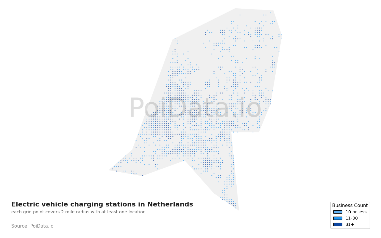 Electric vehicle charging station density map for Netherlands