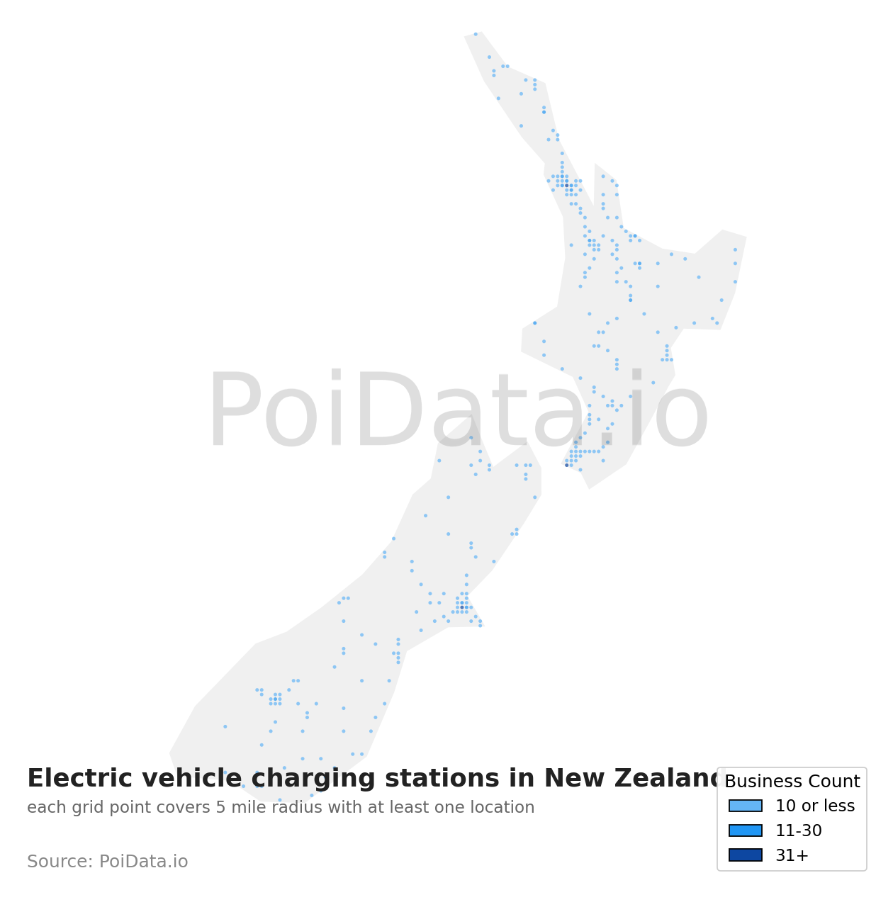 Electric vehicle charging station density map for New Zealand