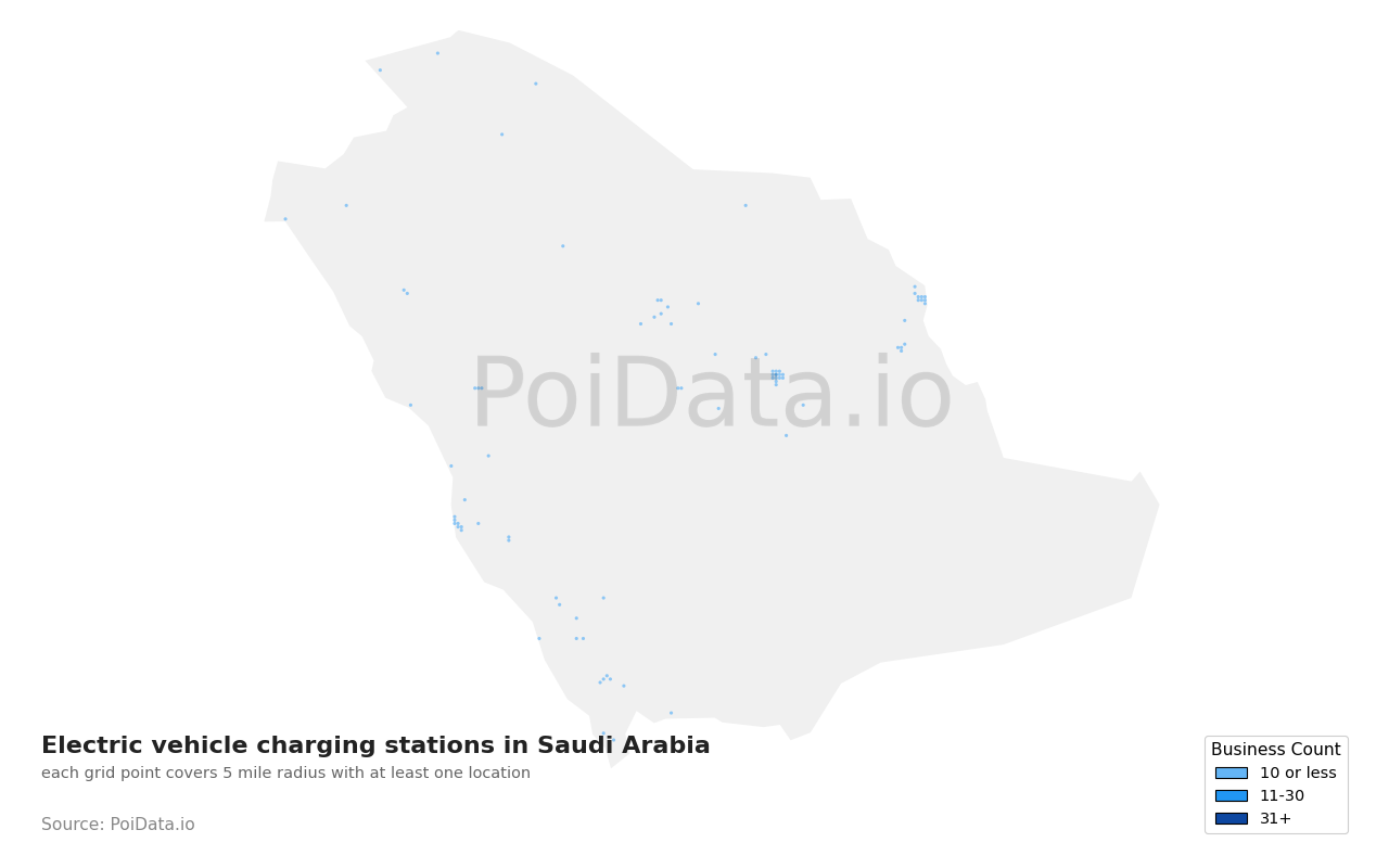 Electric vehicle charging station density map for Saudi Arabia