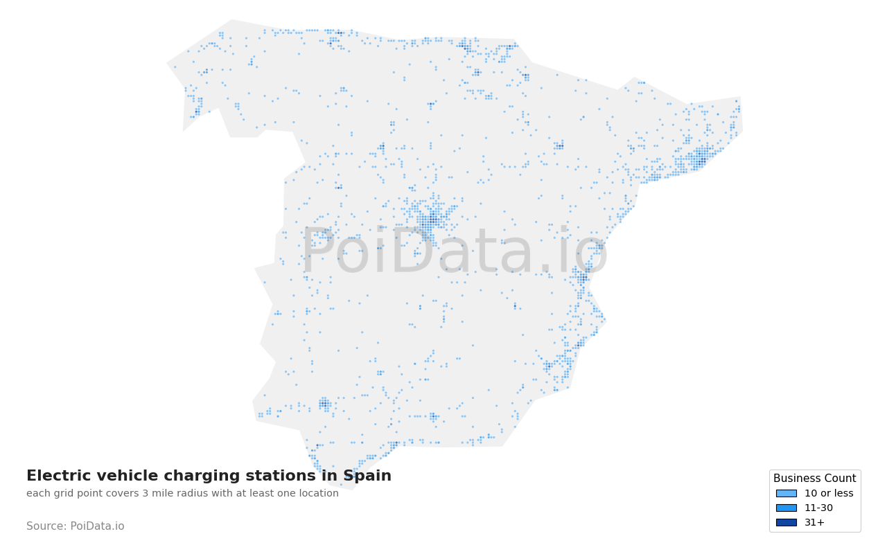 Electric vehicle charging station density map for Spain