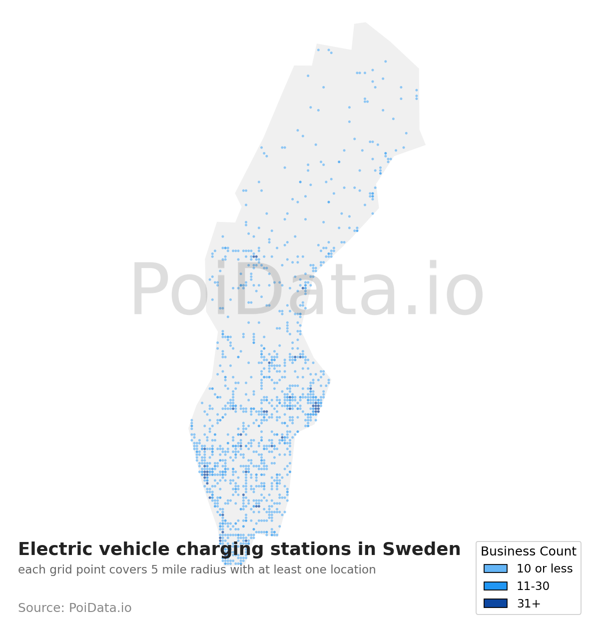Electric vehicle charging station density map for Sweden