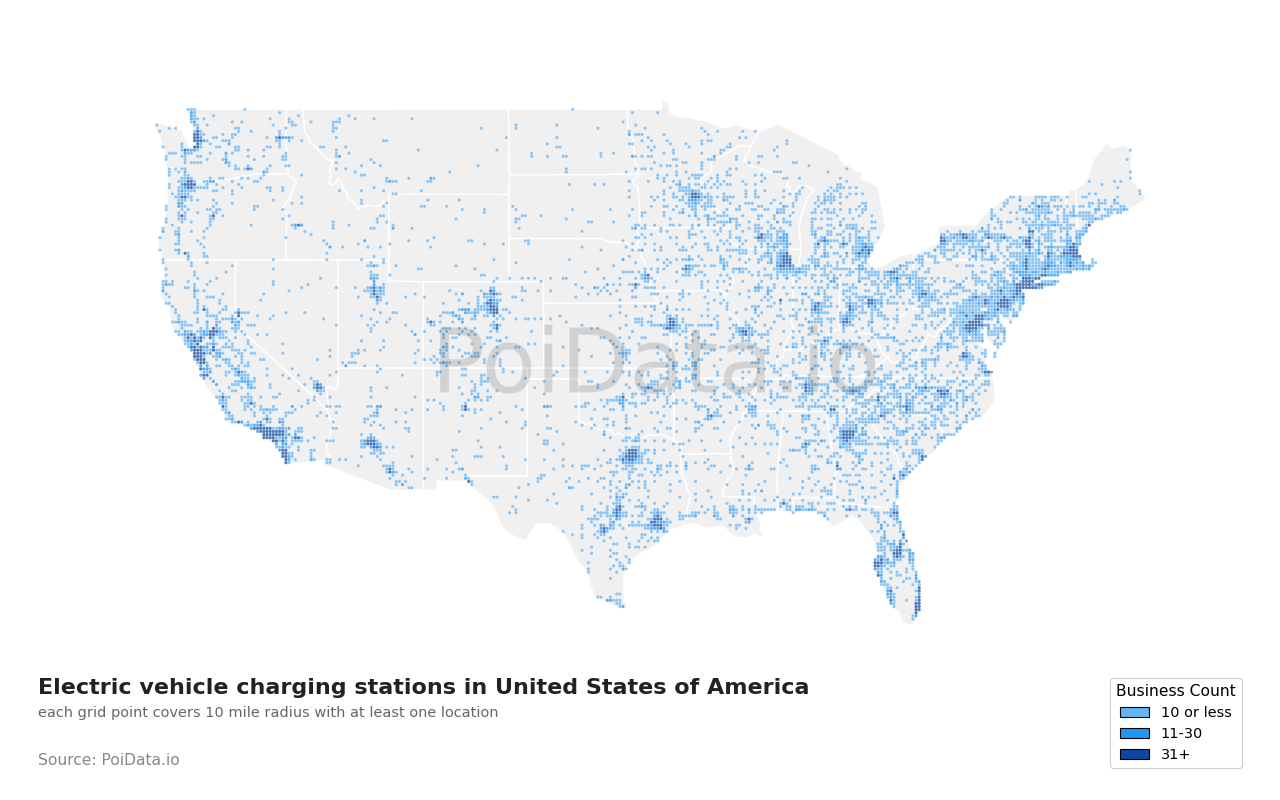 Electric vehicle charging station density map for California, United States