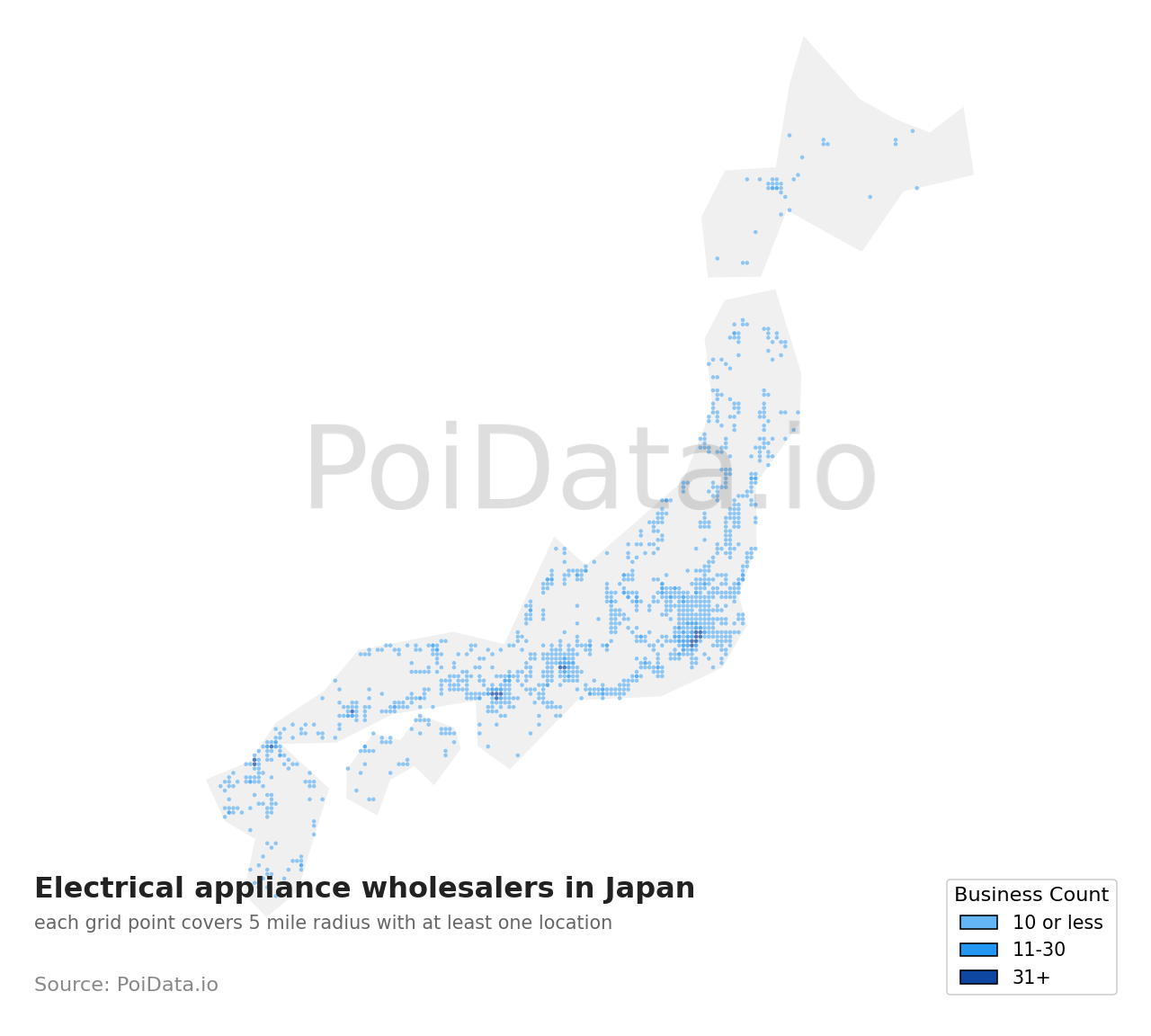 Electrical appliance wholesaler density map for Chiba, Japan