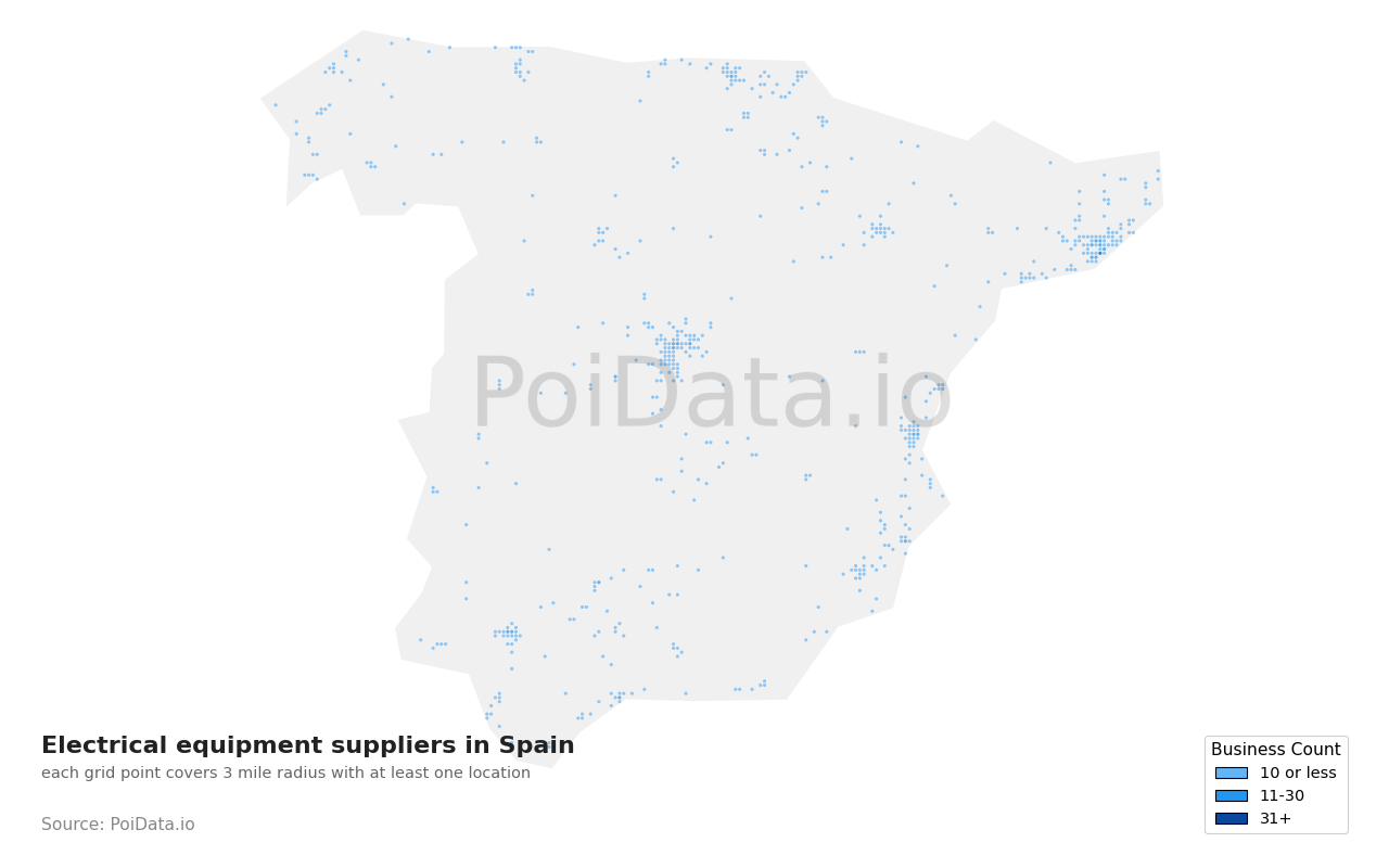 Electrical equipment supplier density map for Spain