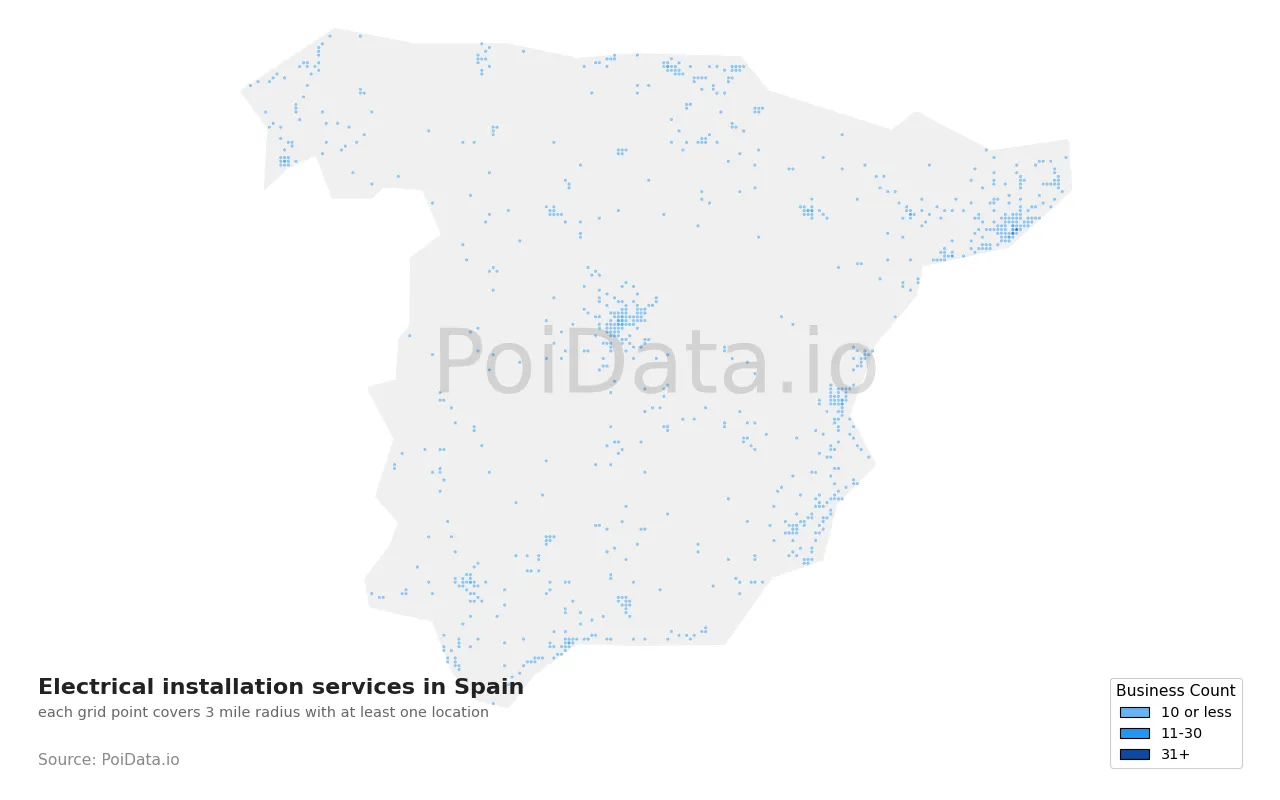 Electrical installation service density map for Spain