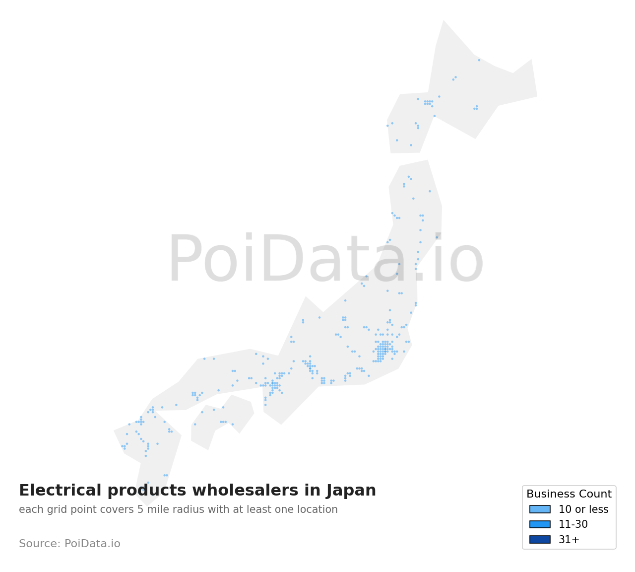 Electrical products wholesaler density map for Japan