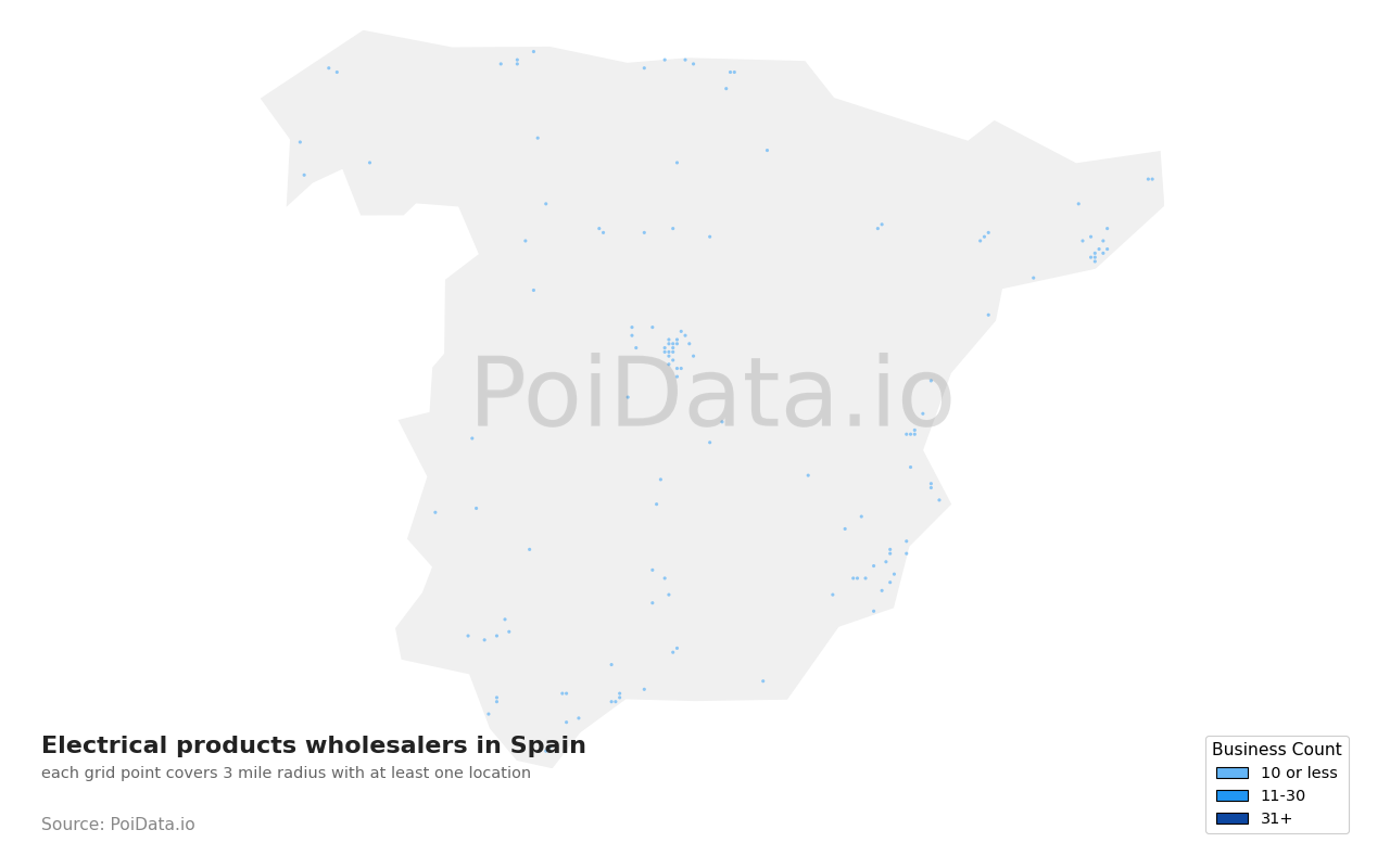Electrical products wholesaler density map for Spain