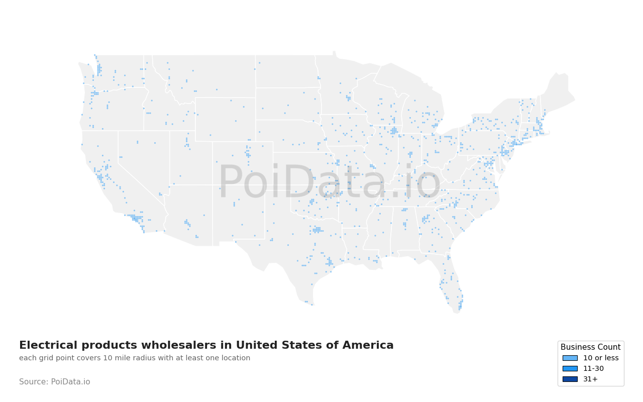 Electrical products wholesaler density map for United States