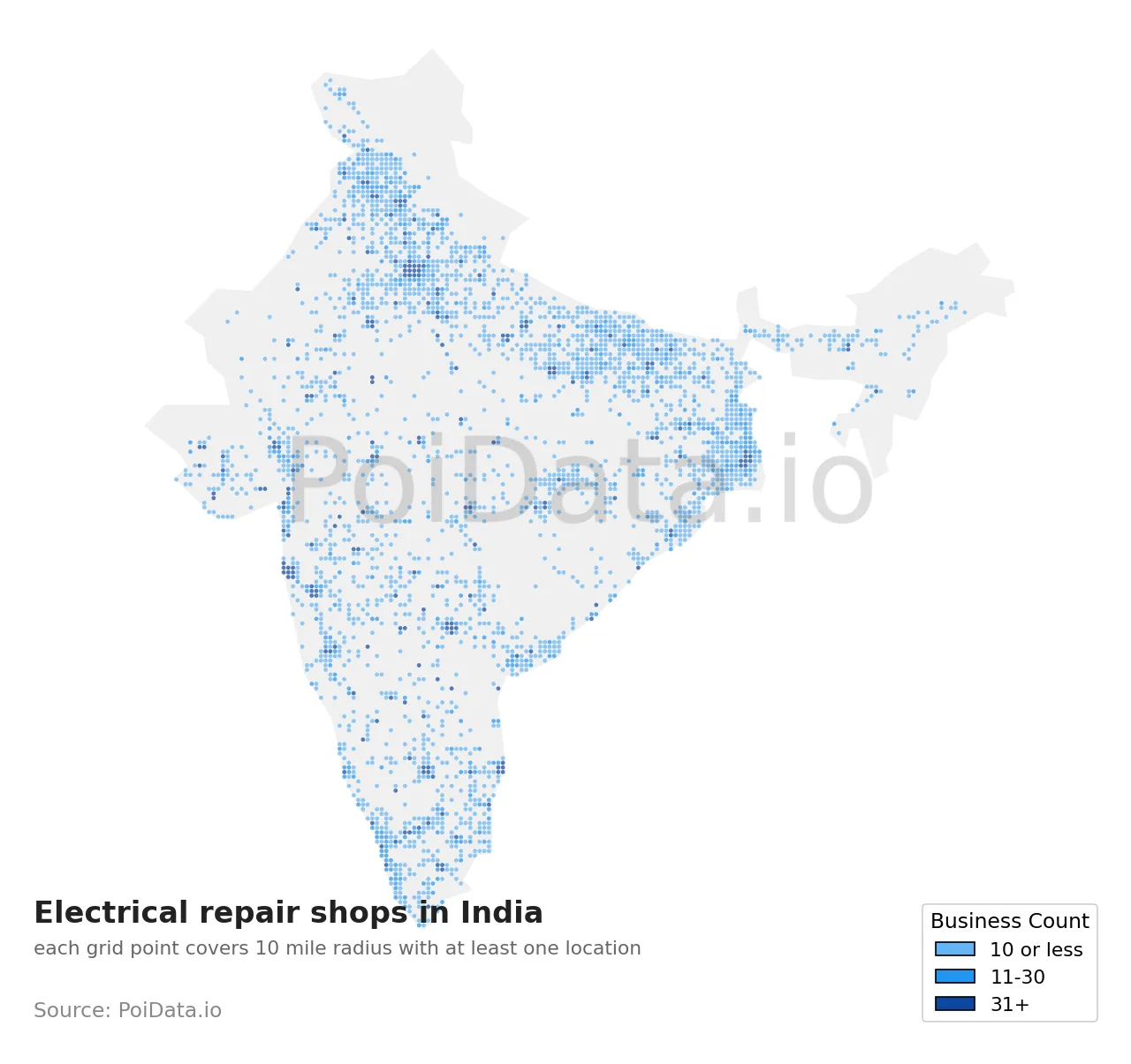 Electrical repair shop density map for India