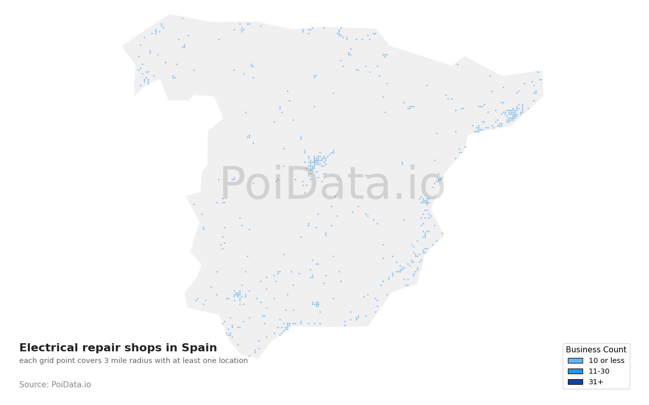 Electrical repair shop density map for Spain