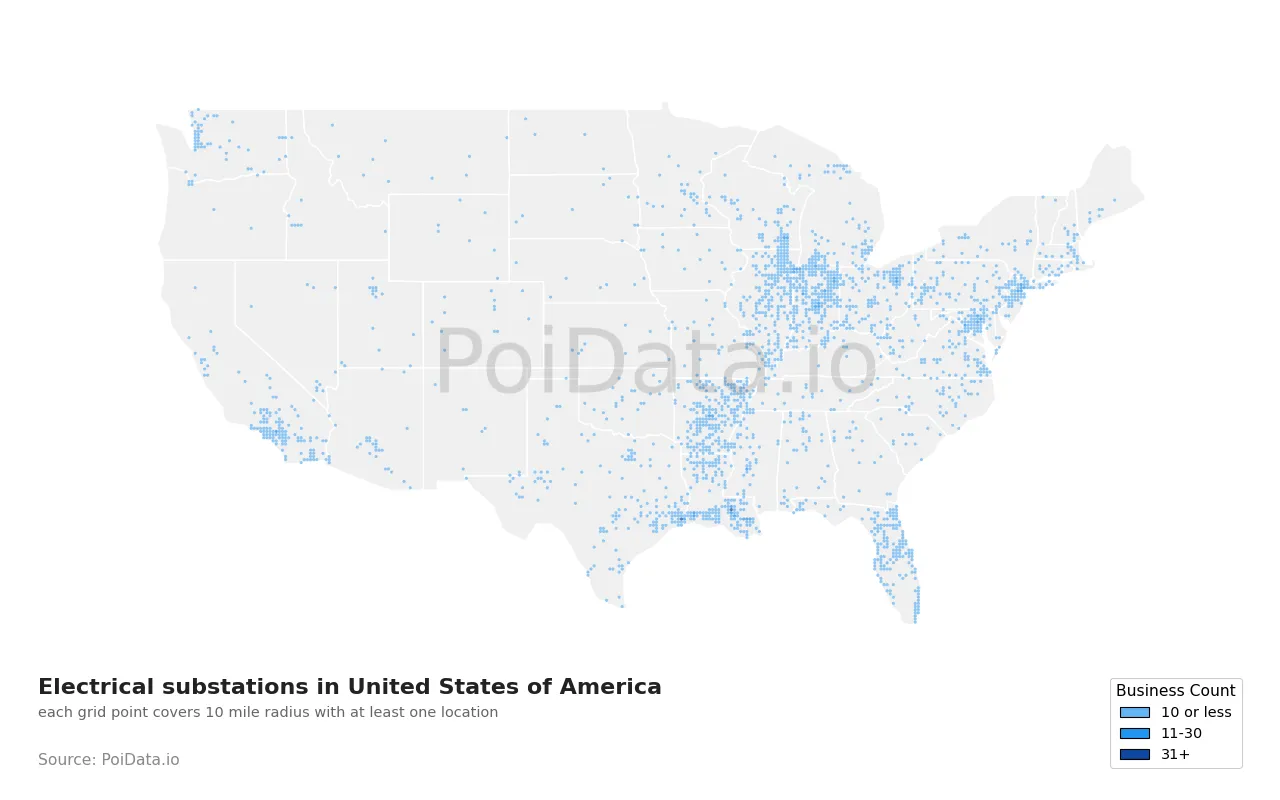 Electrical substation density map for United States