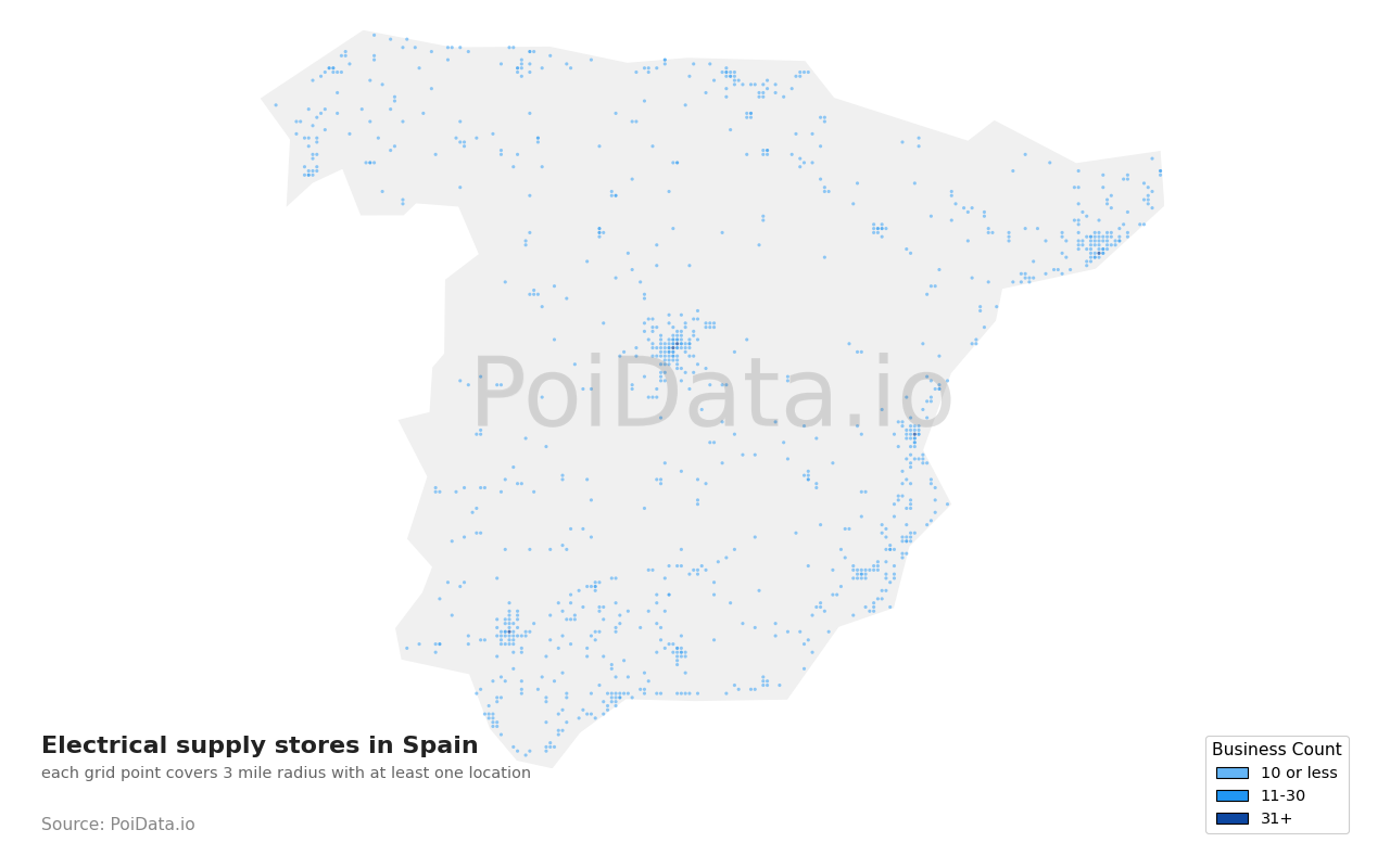 Electrical supply store density map for Spain