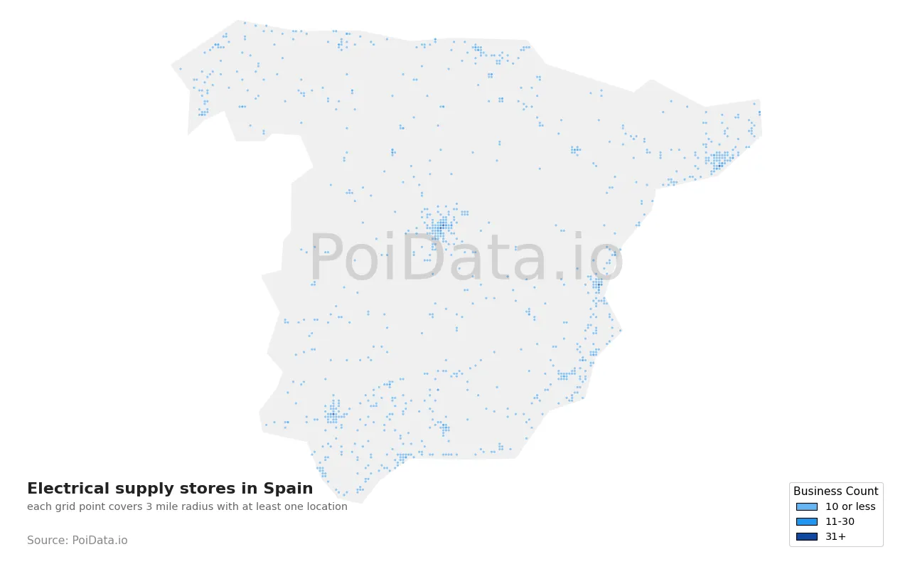 Electrical supply store density map for Spain