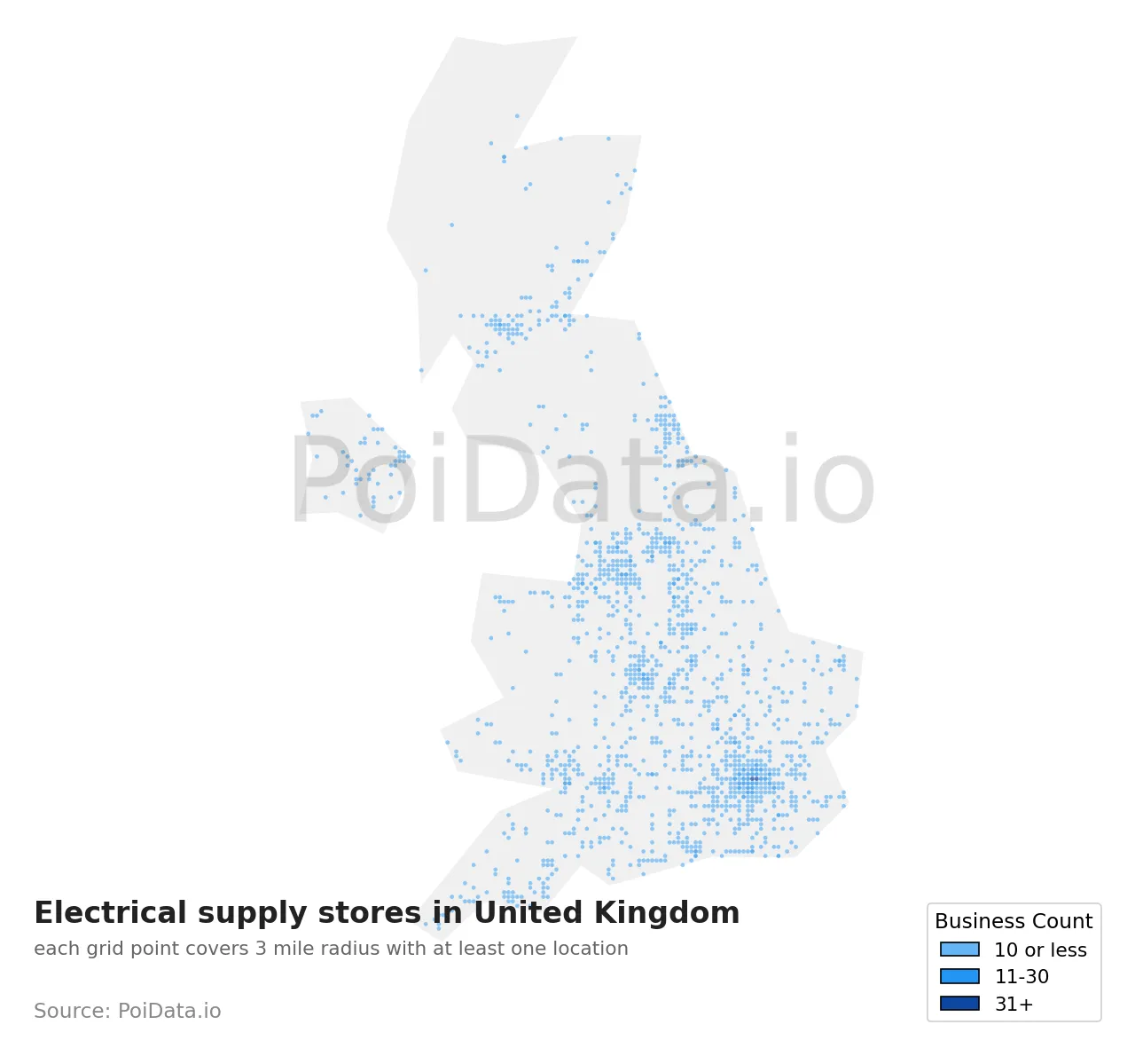 Electrical supply store density map for United Kingdom