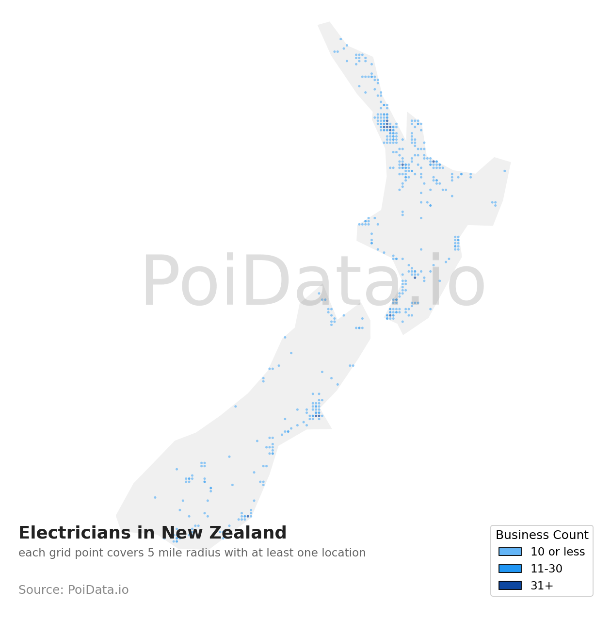 Electrician density map for New Zealand