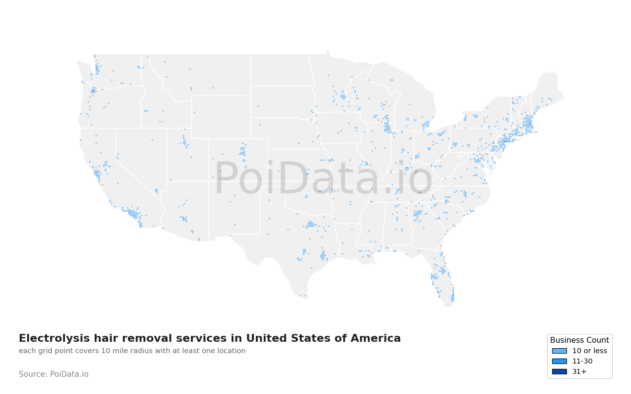 Electrolysis hair removal service density map for Washington, United States