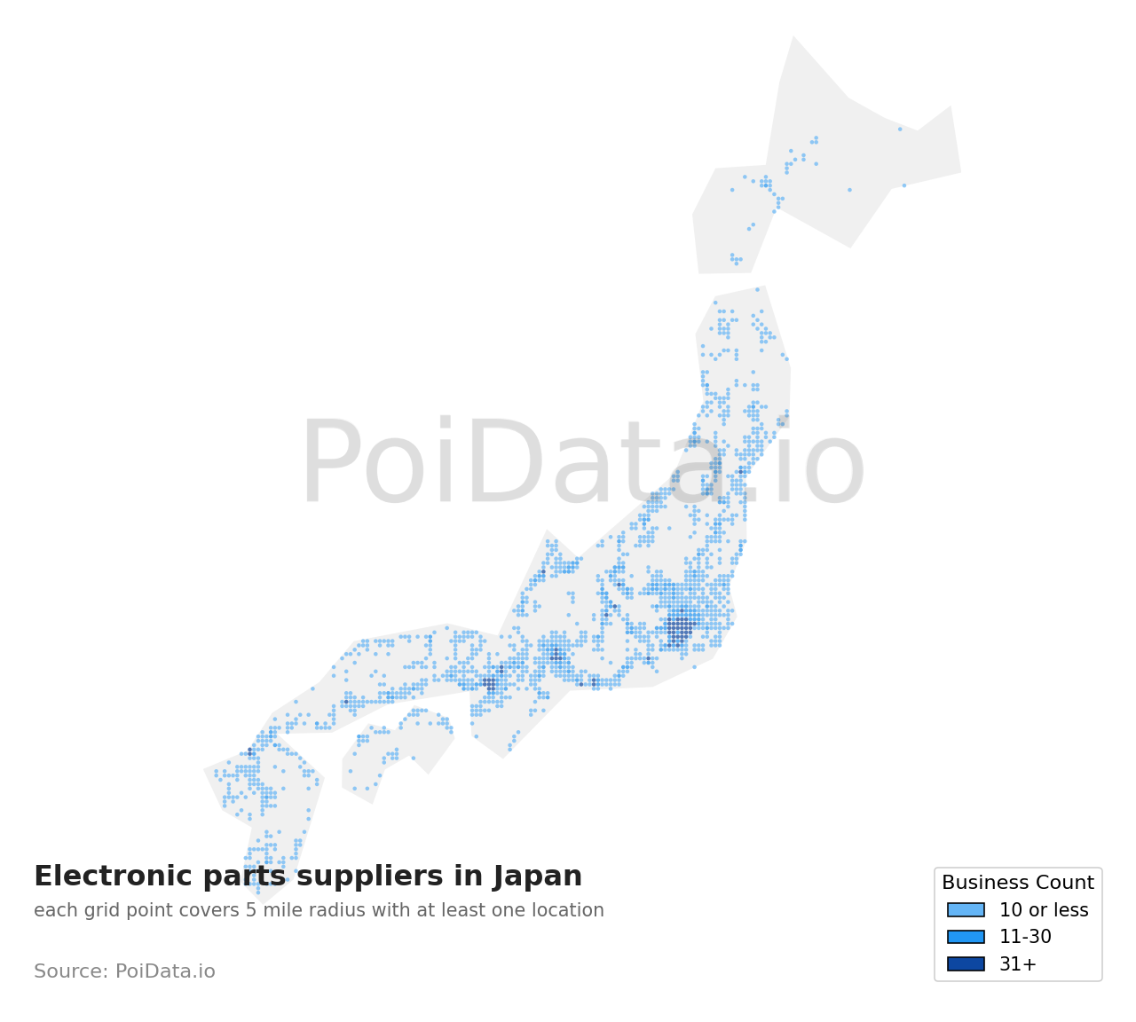 Electronic parts supplier density map for Japan