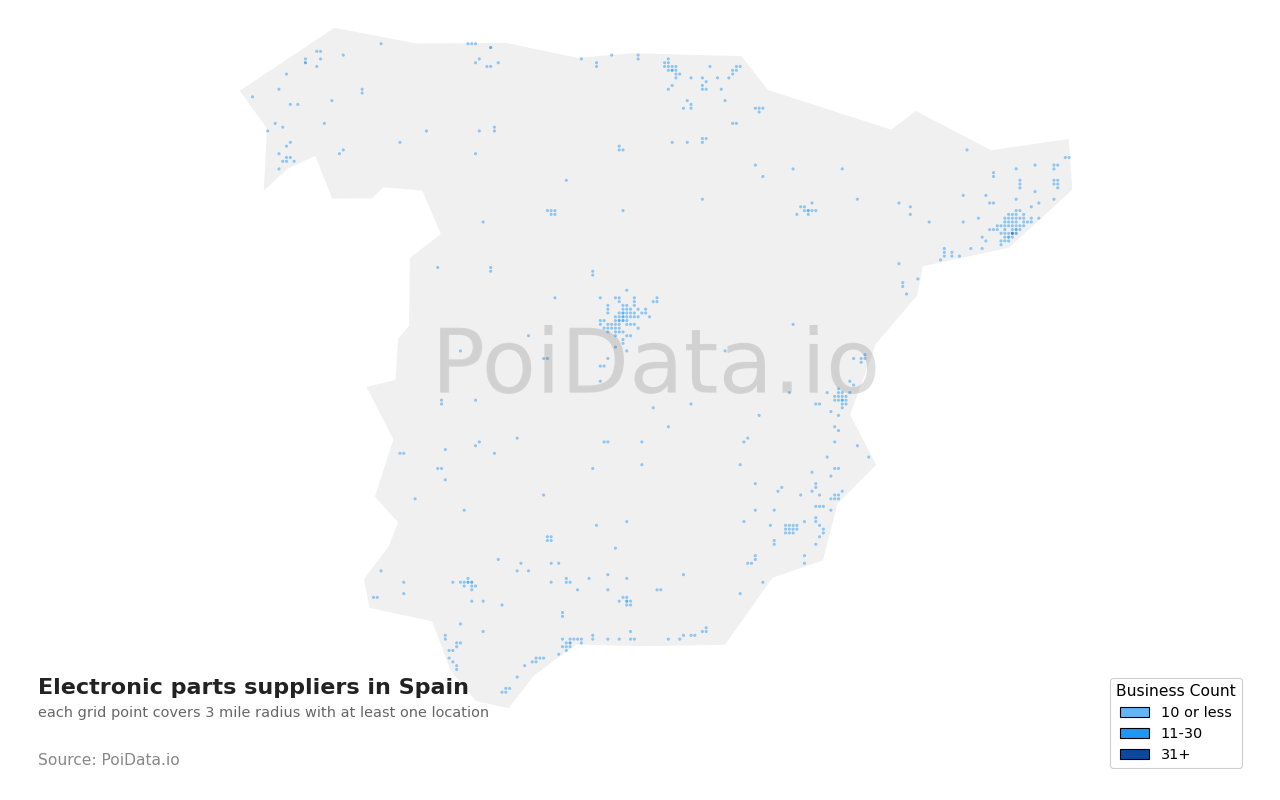 Electronic parts supplier density map for Spain